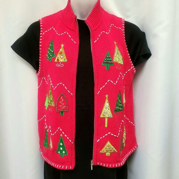VTG Karen Scott Ugly Christmas Sweater Vest Red Xmas Trees Bling Full Zip Medium - Picture 2 of 10
